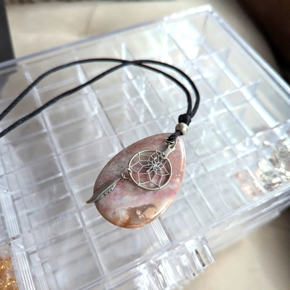 Pink Stone Silver Dreamcatcher Necklace